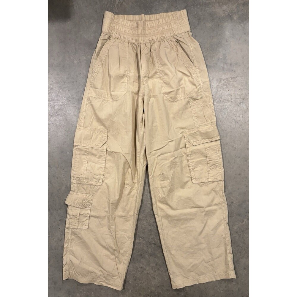 Aerie Cargo Wide Leg Pants Women's Small Pull-On 100% Cotton Beige Lightweight